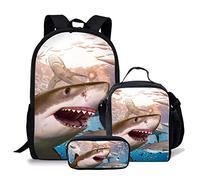 fifbird Set di zaini per la scuola per bambini e ragazzi, con borsa per il pranzo, 3 pezzi, set di libri per studenti elementari, zaino casual per donne e uomini, zaino dinosauro, Squalo animale Se,