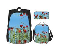 fifbird Set di zaini per la scuola: zaino con portapranzo, astuccio per matite, elegante e durevole, set zaino per la scuola - infradito, Papaveri sul cielo, Taglia unica, Zaini Daypack