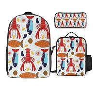 fifbird Set di zaino con stampa 3D di aragosta, 3 pezzi, kit zaino di borsa per il pranzo, astuccio, grande capacità, Lobs rossi animali, Taglia unica, Zaini Daypack