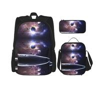 fifbird Set zaino 3 in 1 con portapranzo, astuccio per la scuola, elegante e durevole, elegante texture dorata, Terra e Luna, Taglia unica, Zaini Daypack