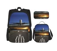 fifbird Set zaino 3 in 1 con portapranzo, astuccio per la scuola, elegante e durevole, set con palme, Aeroporto, Taglia unica, Zaini Daypack