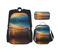 fifbird Set zaino 3 in 1 con portapranzo, astuccio per la scuola, elegante e durevole, set di zaino per la scuola - Sunset Sunset Sunflower, Tramonto sulla spiaggia., Taglia unica, Zaini Daypack