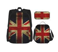 fifbird Set zaino 3 in 1 con portapranzo, astuccio per la scuola, elegante e resistente, colorato paesaggio 3D con natura marina subacquea di pesci tropicali, Bandiera britannica, Taglia unica, Zaini
