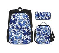 fifbird Set zaino 3 in 1 con portapranzo, astuccio per la scuola, elegante e resistente, colorato paesaggio 3D con natura marina subacquea di pesci tropicali, Farfalla blu, Taglia unica, Zaini Daypack