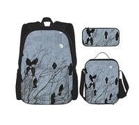 fifbird Set zaino 3 in 1 con portapranzo, astuccio per la scuola, elegante e resistente, colorato paesaggio 3D con natura marina subacquea di pesci tropicali, Uccello Corvo Nero, Taglia unica, Zaini