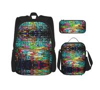 fifbird Set zaino 3 in 1 con portapranzo, astuccio per la scuola, elegante e resistente, colorato paesaggio 3D con natura marina subacquea di pesci tropicali, Mattoni colorati., Taglia unica, Zaini