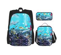fifbird Set zaino 3 in 1 con portapranzo, astuccio per la scuola, elegante e resistente, colorato paesaggio 3D con natura marina subacquea di pesci tropicali, Colorato 3d Nat, Taglia unica, Zaini