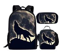 fifbird Set zaino scuola Cosmo esterno per studenti, borsa termica per il pranzo, 3 pezzi, Lupo notturno, Taglia unica, Zaini Daypack