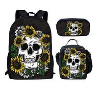 fifbird Set zaino scuola Cosmo esterno per studenti, borsa termica per il pranzo, 3 pezzi, Teschio girasole., Taglia unica, Zaini Daypack