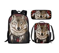 fifbird Zaino da viaggio 3 in 1 con animali per la scuola elementare e media, con lupo 3D, set con portapranzo e astuccio per matite per ragazzi e ragazze, 3d novità lupo, Taglia unica, Zaini Daypack
