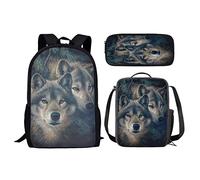 fifbird Zaino da viaggio 3 in 1 con animali per la scuola elementare e media, con lupo 3D, set con portapranzo e astuccio per matite per ragazzi e ragazze, Due lupi, Taglia unica, Zaini Daypack