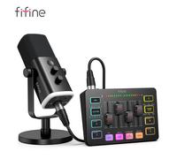FIFINE Kit podcast all-in-one con mixer audio RGB, set da studio streaming con microfono dinamico per registrazione di giochi su PC-Ampligame KS5