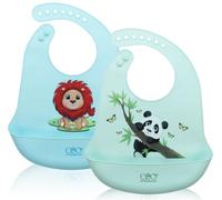 FIFTYSEVENFACES 2 Pezzi Bavaglini Silicone Impermeabili con Tasca Raccoglipappa, Bavaglino Pappa Svezzamento per Bambino, Senza BPA, Bavette Morbide e Regolabili in 7 Posizioni, Lavabili