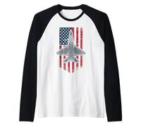 Fighter Jet sopra Distressed Bandiera Americana Maglia con Maniche Raglan