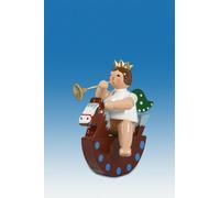 Figura Angelo Su Cavallo a Dondolo Con Tromba Corona Altezza Ca 6 CM Nuovo Legno