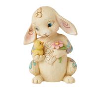 Figura Coniglietto Pasquale con Pulcino e fiore , in resina dipinto a mano