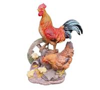 Figura da giardino Gallo con pollo e pulcino sulla ruota, 44 cm, statuetta da giardino resistente alle intemperie, statuetta da fattoria