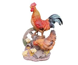 Figura da giardino Gallo con pollo e pulcino sulla ruota, 44 cm, statuetta da giardino resistente alle intemperie, statuetta da fattoria