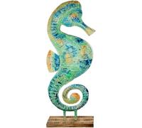 Figura di un cavalluccio marino in metallo e base in legno in blu e verde 30x30x110 cm