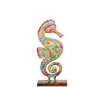 Figura di un cavalluccio marino in metallo e base in legno in blu, verde e rosso 60x30x110 cm