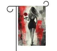 Figura femminile che tiene una bandiera da giardino di rose stagionale vacanza iuta doppia faccia casa cortile esterno bandiere 30,5 x 45,7 cm