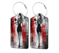 Figura femminile con una rosa etichetta per bagagli per valigia, confezione da 2 etichette per bagagli in pelle con patta per la privacy, etichetta identificativa con nome e anello in metallo, per