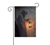 Figura mantellata che tiene una vecchia lanterna bandiera da giardino 30 x 45 cm verticale su entrambi i lati casa colonica vacanze decorazioni esterne bandiera cortile