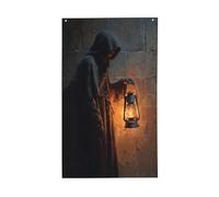 Figura mantellata che tiene una vecchia lanterna bandiere per la casa del cortile, 0,9 x 1,5 m, striscione di auguri con occhielli per interni ed esterni, decorazioni per la casa