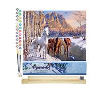 Figured'Art Dipingere con i Numeri - Paint by Numbers Cavalli alla fine dell'inverno, Passatempo per Adulti, Kit Completo, Hobby Creativi - 40x50cm cornice in legno fai da te