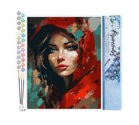 Figured'Art Dipingere con i Numeri - Paint by Numbers Donna con Sciarpa Rossa, Passatempo per Adulti, Kit Completo, Hobby Creativi - Quadri fai da te 40x50cm senza cornice
