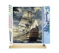 Figured'Art Dipingere con i Numeri - Paint by Numbers Galeone Sull'Oceano, Passatempo per Adulti, Kit Completo, Hobby Creativi - 40x50cm cornice in legno fai da te