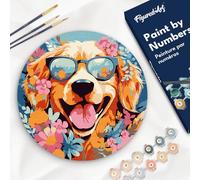 Figured'Art Dipingere con i Numeri su Disco di Legno da 30 cm - Paint by Numbers, Cane fantasy tra i fiori, Passatempo per Adulti, Kit Completo, Hobby Creativi - Quadri fai da te