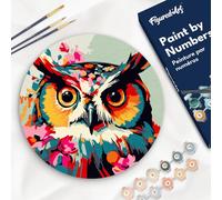 Figured'Art Dipingere con i Numeri su Disco di Legno da 30 cm - Paint by Numbers, Gufo Fantasy con Fiori, Passatempo per Adulti, Kit Completo, Hobby Creativi - Quadri fai da te