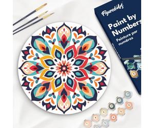 Figured'Art Dipingere con i Numeri su Disco di Legno da 30 cm - Paint by Numbers, Mandala floreale, Passatempo per Adulti, Kit Completo, Hobby Creativi - Quadri fai da te