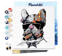 Figured'Art Mini Dipingere con i Numeri 20x20cm con Telaio - Paint by Numbers Bull dog cool, Passatempo per Adulti, Kit Completo, Hobby Creativi - Quadri fai da te Tela Già Incorniciata