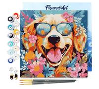 Figured'Art Mini Dipingere con i Numeri 20x20cm con Telaio - Paint by Numbers Cane fantasy tra i fiori Passatempo per Adulti, Kit Completo, Hobby Creativi - Quadri fai da te Tela Già Incorniciata
