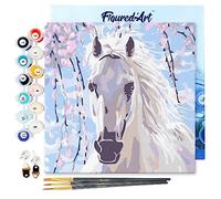 Figured'Art Mini Dipingere con i Numeri 20x20cm con Telaio - Paint by Numbers Cavallo bianco e fiori rosa, Passatempo per Adulti, Kit Completo, Hobby Creativi - Quadri fai da te Tela Già Incorniciata