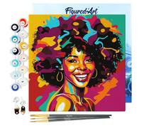 Figured'Art Mini Dipingere con i Numeri 20x20cm con Telaio - Paint by Numbers Donna Afroamericana Pop Art Passatempo per Adulti, Kit Completo, Hobby Creativi - Quadri fai da te Tela Già Incorniciata