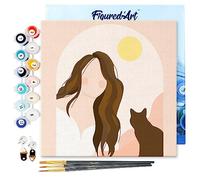 Figured'Art Mini Dipingere con i Numeri 20x20cm con Telaio - Paint by Numbers Donna e il suo gatto, Passatempo per Adulti, Kit Completo, Hobby Creativi - Quadri fai da te Tela Già Incorniciata