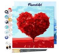 Figured'Art Mini Dipingere con i Numeri 20x20cm con Telaio - Paint by Numbers Heart Red Tree, Passatempo per Adulti, Kit Completo, Hobby Creativi - Quadri fai da te Tela Già Incorniciata