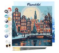 Figured'Art Mini Dipingere con i Numeri 20x20cm con Telaio - Paint by Numbers Natale ad Amsterdam Passatempo per Adulti, Kit Completo, Hobby Creativi - Quadri fai da te Tela Già Incorniciata