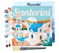 Figured'Art Mini Dipingere con i Numeri 20x20cm con Telaio - Paint by Numbers Poster di viaggio Alba a Santorini Passatempo per Adulti, Kit Completo - Quadri fai da te Tela Già Incorniciata