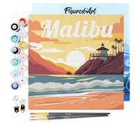 Figured'Art Mini Dipingere con i Numeri 20x20cm con Telaio - Paint by Numbers Poster di viaggio Malibu Passatempo per Adulti, Kit Completo, Hobby Creativi - Quadri fai da te Tela Già Incorniciata