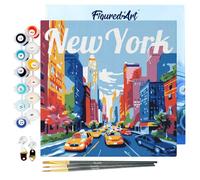 Figured'Art Mini Dipingere con i Numeri 20x20cm con Telaio - Paint by Numbers Poster di viaggio New York City Passatempo per Adulti, Kit Completo - Quadri fai da te Tela Già Incorniciata