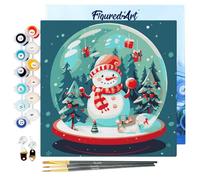 Figured'Art Mini Dipingere con i Numeri 20x20cm con Telaio - Paint by Numbers Pupazzo di Neve nella Palla di Neve Passatempo per Adulti, Kit Completo - Quadri fai da te Tela Già Incorniciata