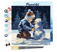 Figured'Art Mini Dipingere con i Numeri 20x20cm con Telaio - Paint by Numbers Ragazzo e pupazzo di neve Passatempo per Adulti, Kit Completo, Hobby Creativi - Quadri fai da te Tela Già Incorniciata