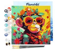 Figured'Art Mini Dipingere con i Numeri 20x20cm con Telaio - Paint by Numbers Scimmia Fantasy con Fiori Passatempo per Adulti, Kit Completo, Hobby Creativi - Quadri fai da te Tela Già Incorniciata