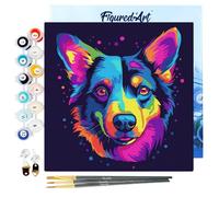 Figured'Art Mini pittura per numero adulto, 20 x 20 cm, con cornice per cane astratto, Pop Art Neon, piccolo formato, kit per il tempo libero creativo fai da te, numero d'arte completo