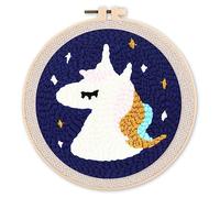 Figured'Art Punch Needle Kit completo per adulti e bambini - Unicorno - Perfetto per principianti. Kit pronto da ricamare misura 20x20cm con telaio circolare