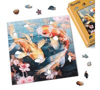 Figured'Art Puzzle in Legno di Animali per Adulti e Bambini, 200 Pezzi - Carpe Koi e Fiori - Design Originale 28,5x28,5 cm Forme Uniche, Confezione Premium in Legno, Idea regalo
